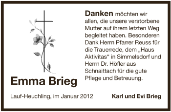 Traueranzeige von Emma Brieg von Pegnitz-Zeitung